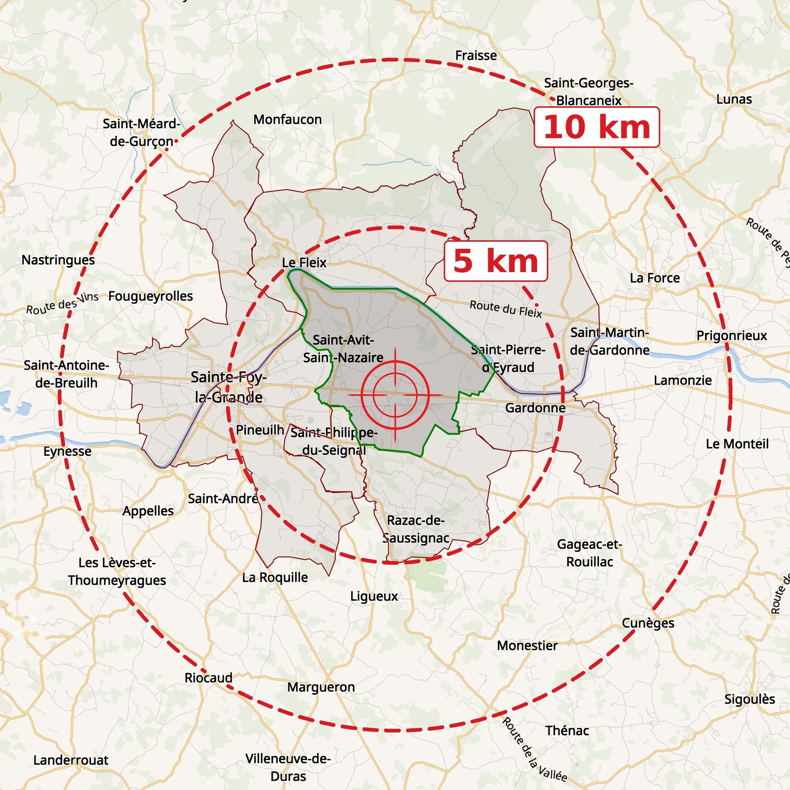 Carte de la zone d'intervention autour de Saint-Avit-Saint-Nazaire, avec deux rayons de 5 et 10 kilomètres couvrant notamment Sainte-Foy-la-Grande, Pineuilh, Le Fleix et Gardonne.